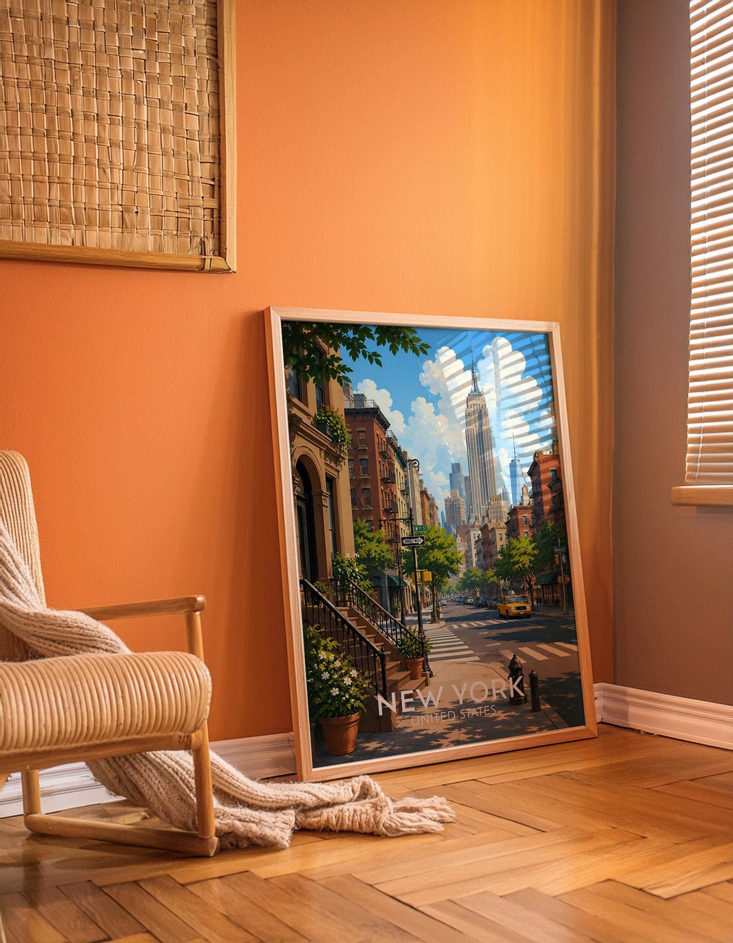 New York City travel poster featuring a sun-drenched West Village street scene with classic brownstone stoops, fire escapes, tree lined sidewalks, a yellow taxi cab and the Empire State Building rising into a bright blue sky, vintage style illustrated NYC wall art capturing the heart of Manhattan, perfect New York print for living rooms offices and anyone with memories of New York City, printed on premium 260gsm satin lustre paper, handmade in the UK by Hues and Reflections small business
