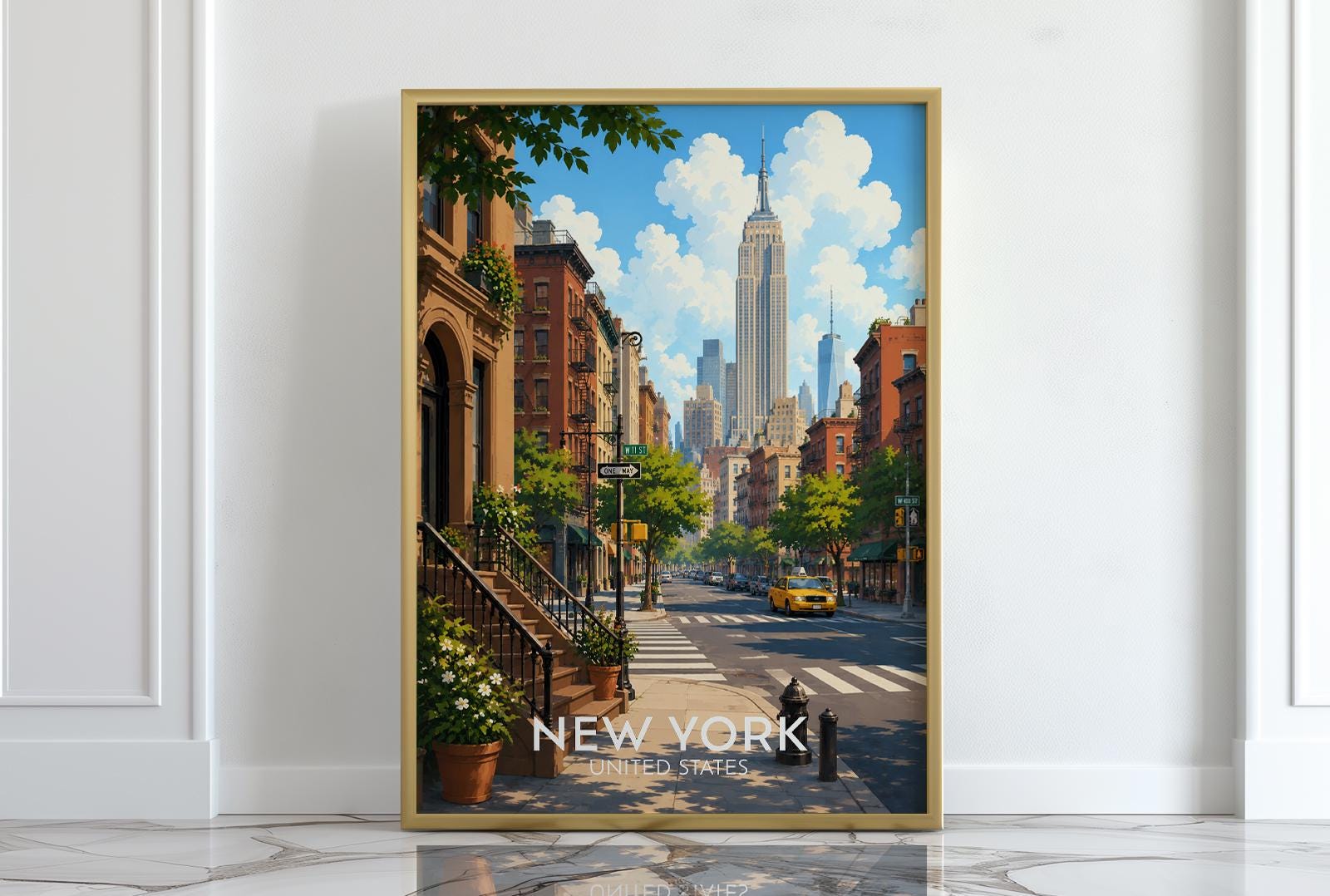 New York City travel poster featuring a sun-drenched West Village street scene with classic brownstone stoops, fire escapes, tree lined sidewalks, a yellow taxi cab and the Empire State Building rising into a bright blue sky, vintage style illustrated NYC wall art capturing the heart of Manhattan, perfect New York print for living rooms offices and anyone with memories of New York City, printed on premium 260gsm satin lustre paper, handmade in the UK by Hues and Reflections small business