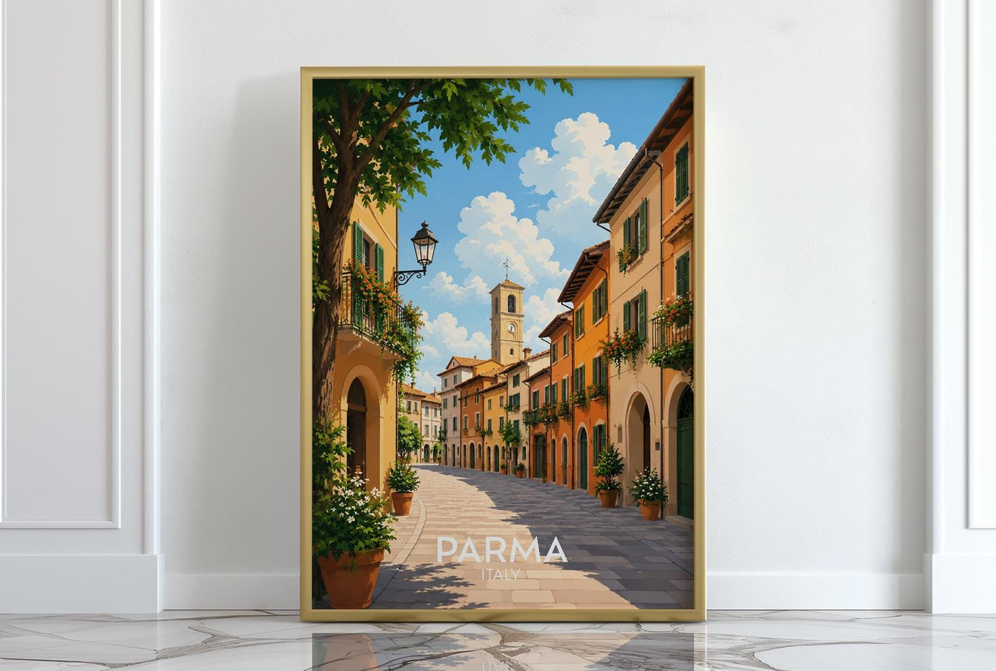 Parma Italy travel poster featuring a sun-drenched cobbled street lined with warm ochre and terracotta buildings, green wooden shutters, flower-filled balconies and a bell tower against a blue summer sky, vintage Italian travel poster style wall art capturing the charm of Emilia Romagna, perfect Italy print for kitchens dining rooms food lovers and anyone with memories of Parma, printed on premium 260gsm satin lustre paper, handmade in the UK by Hues and Reflections small business