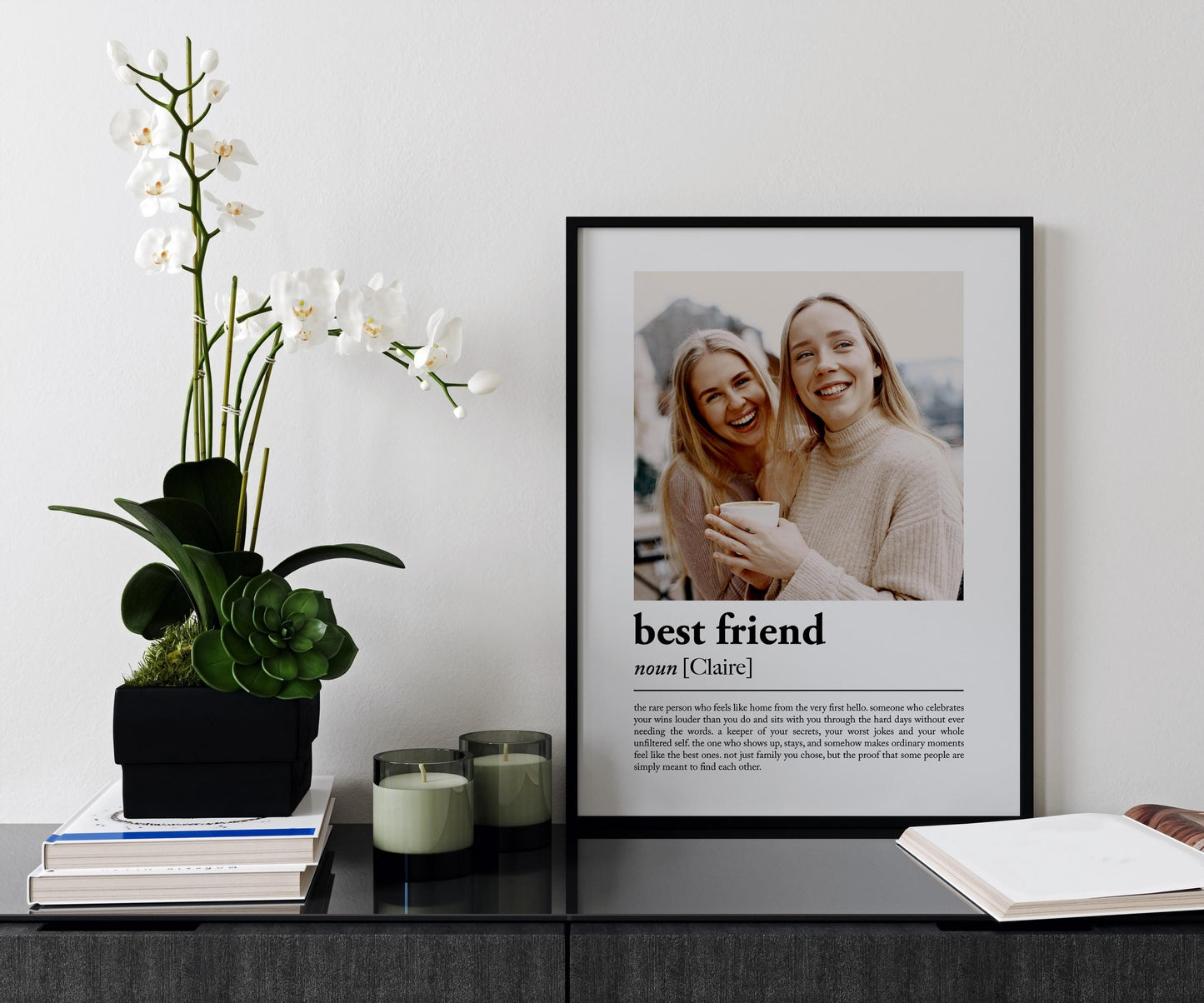Personalised best friend definition print in a wooden frame, showing a photo of two friends above a dictionary-style best friend definition, custom bestie keepsake gift made in the UK.