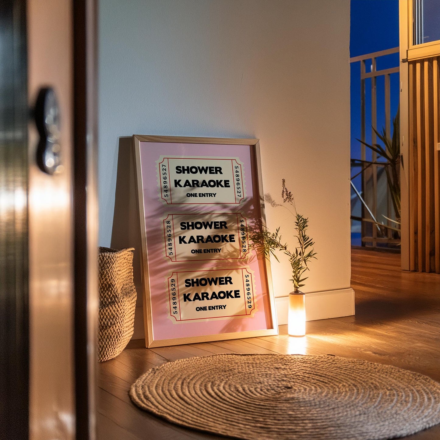 Shower Karaoke ticket print, funny pink bathroom wall art featuring a stack of three retro vintage style cream tickets with bold black typography reading Shower Karaoke One Entry on a soft blush pink background, trendy aesthetic poster for main bathrooms en-suites guest powder rooms and teen bathrooms, perfect housewarming and hen do gift for shower singers everywhere, printed on premium 260gsm satin lustre paper, handmade in the UK by Hues and Reflections small business