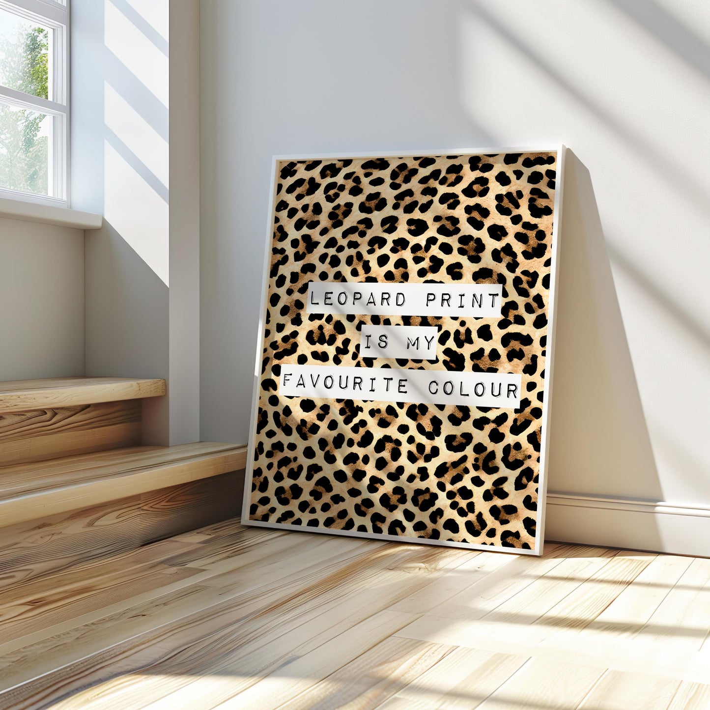 Leopard Print Is My Favourite Colour print, funny fashion quote wall art featuring a classic leopard animal print background with magazine cutout typewriter style text, trendy poster for dressing rooms walk in wardrobes bedrooms vanity corners and home offices, perfect gift for fashion lovers stylists Carrie Bradshaw fans best friends sisters and Galentines, pairs with maximalist eclectic and fashion led interiors, printed on premium 260gsm satin lustre paper