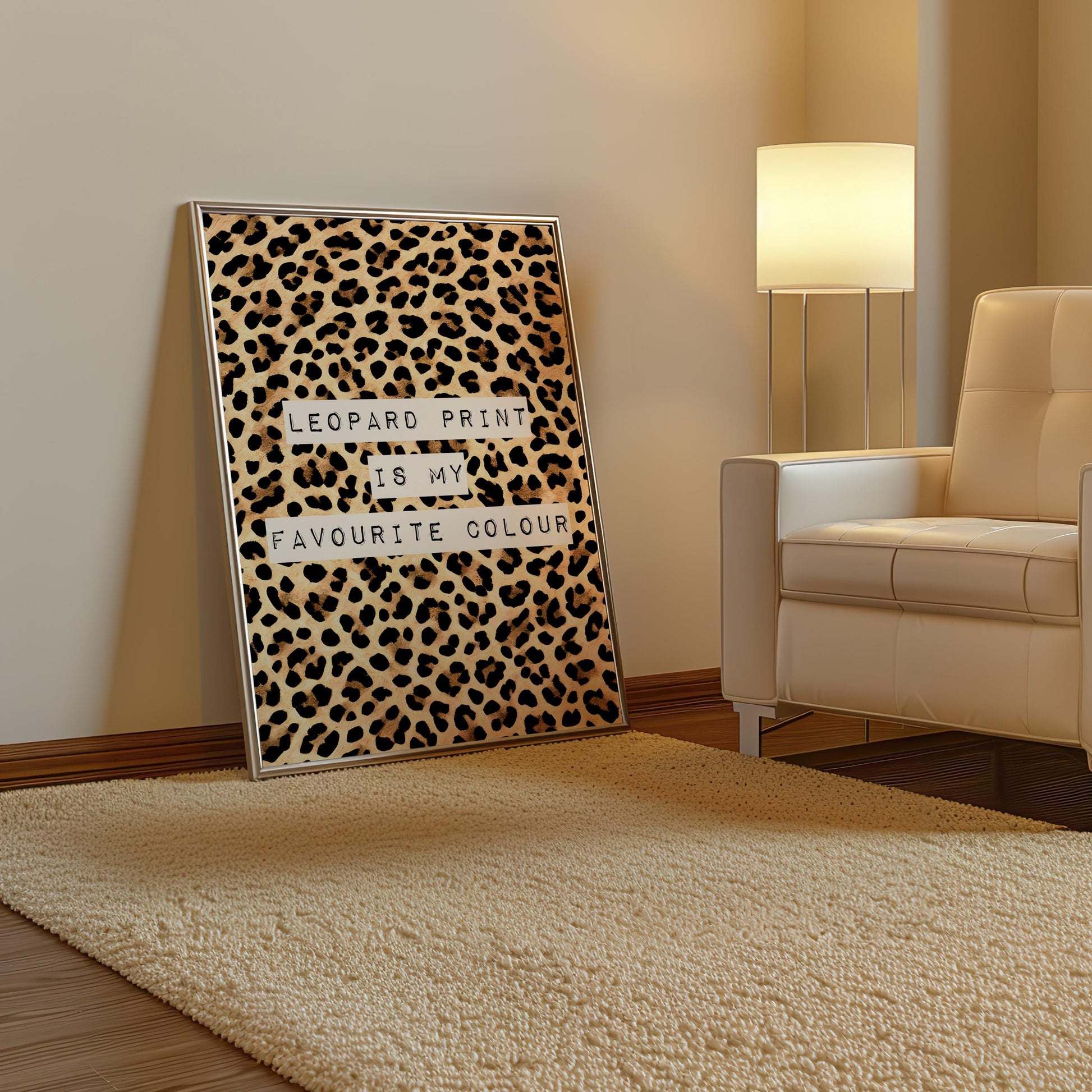 Leopard Print Is My Favourite Colour print, funny fashion quote wall art featuring a classic leopard animal print background with magazine cutout typewriter style text, trendy poster for dressing rooms walk in wardrobes bedrooms vanity corners and home offices, perfect gift for fashion lovers stylists Carrie Bradshaw fans best friends sisters and Galentines, pairs with maximalist eclectic and fashion led interiors, printed on premium 260gsm satin lustre paper