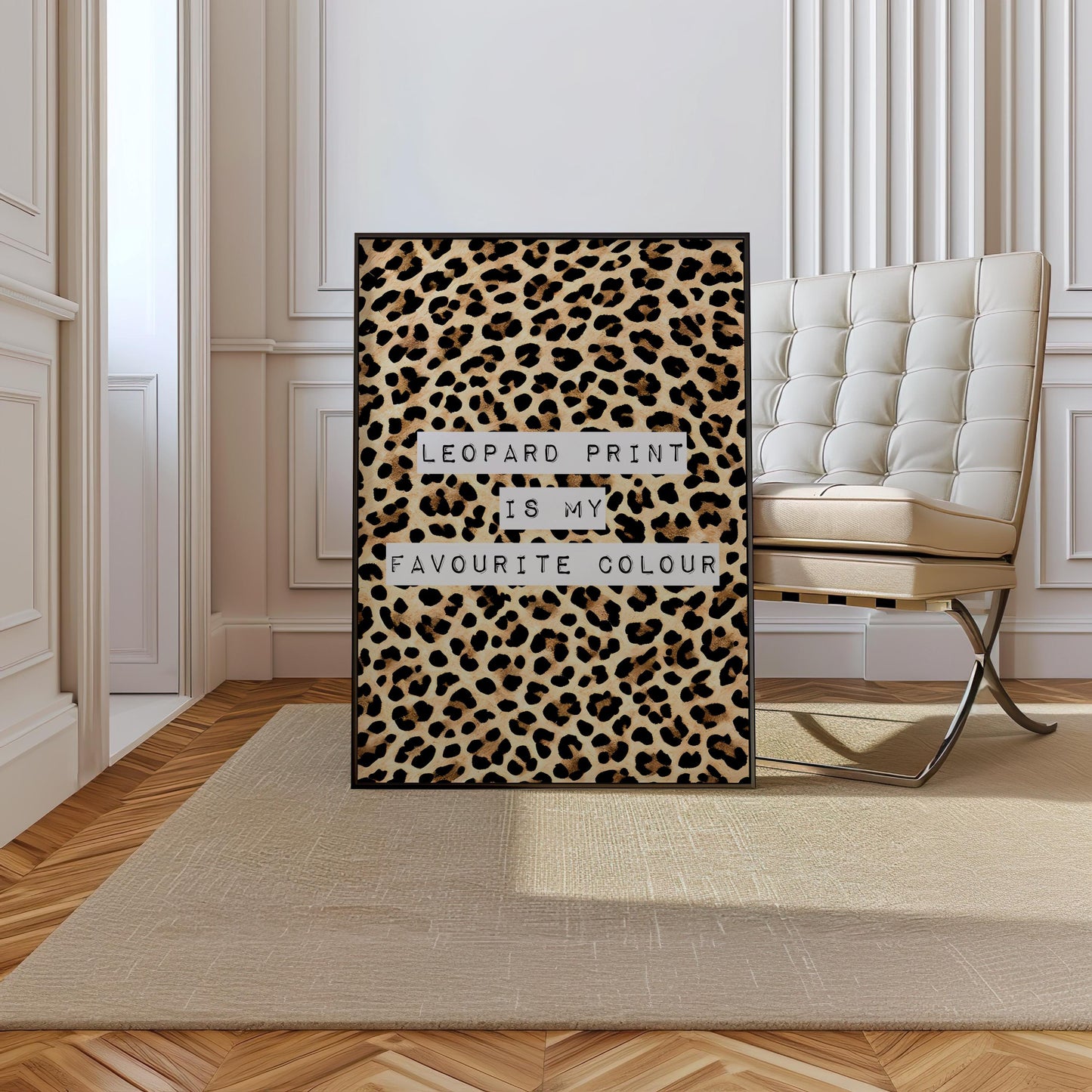 Leopard Print Is My Favourite Colour print, funny fashion quote wall art featuring a classic leopard animal print background with magazine cutout typewriter style text, trendy poster for dressing rooms walk in wardrobes bedrooms vanity corners and home offices, perfect gift for fashion lovers stylists Carrie Bradshaw fans best friends sisters and Galentines, pairs with maximalist eclectic and fashion led interiors, printed on premium 260gsm satin lustre paper