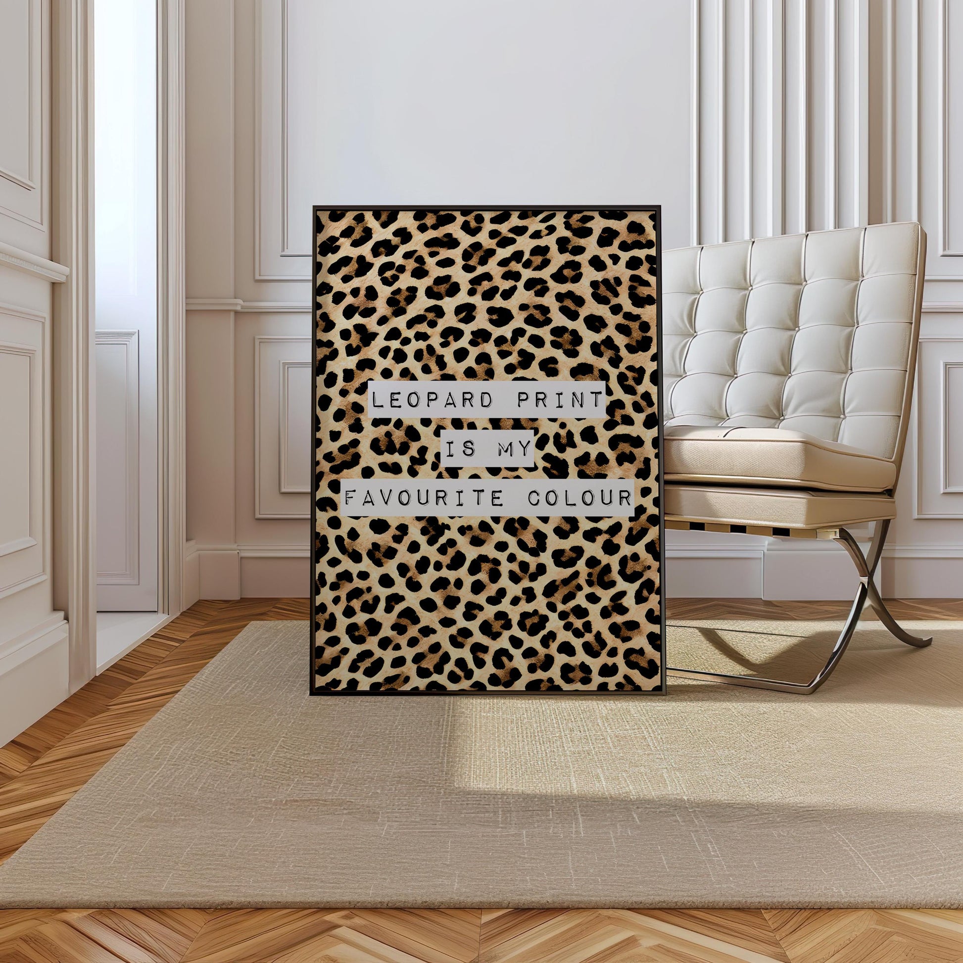 Leopard Print Is My Favourite Colour print, funny fashion quote wall art featuring a classic leopard animal print background with magazine cutout typewriter style text, trendy poster for dressing rooms walk in wardrobes bedrooms vanity corners and home offices, perfect gift for fashion lovers stylists Carrie Bradshaw fans best friends sisters and Galentines, pairs with maximalist eclectic and fashion led interiors, printed on premium 260gsm satin lustre paper
