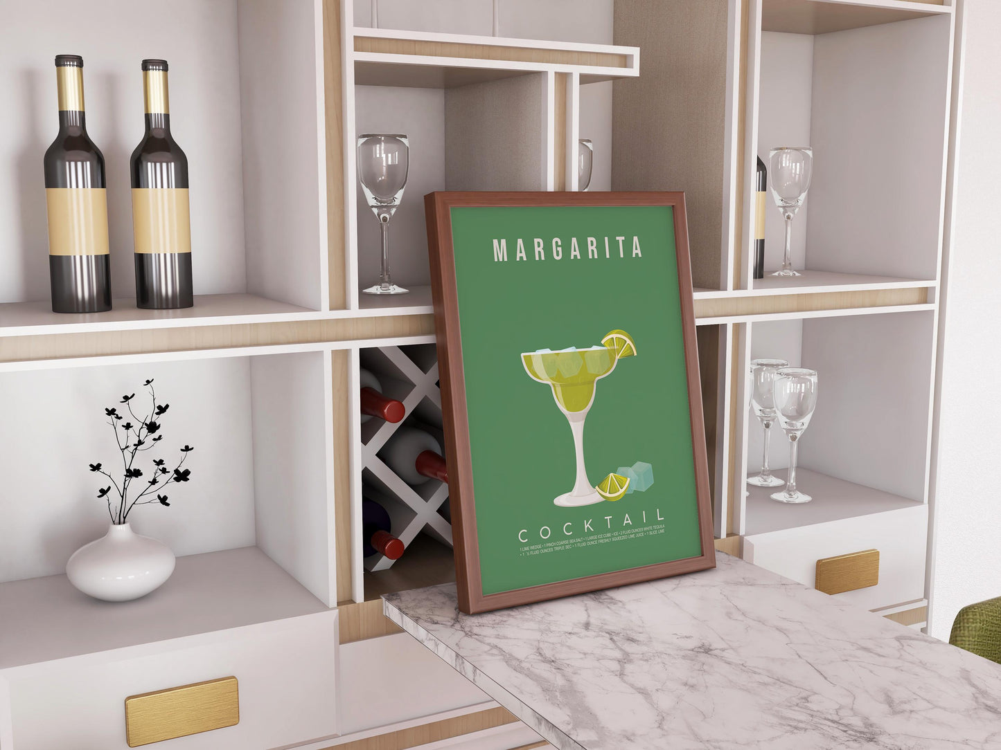 Margarita cocktail recipe print, minimalist printable wall art featuring the margarita ingredients of white tequila triple sec and lime wedge with a salted rim glass illustration, modern cocktail poster for kitchens home bars bar carts and dining rooms, instant digital download in multiple print ratios including A5 A4 A3 A2 and US sizes, perfect housewarming gift for cocktail lovers bartenders and tequila fans, designed in the UK by Hues and Reflections small business