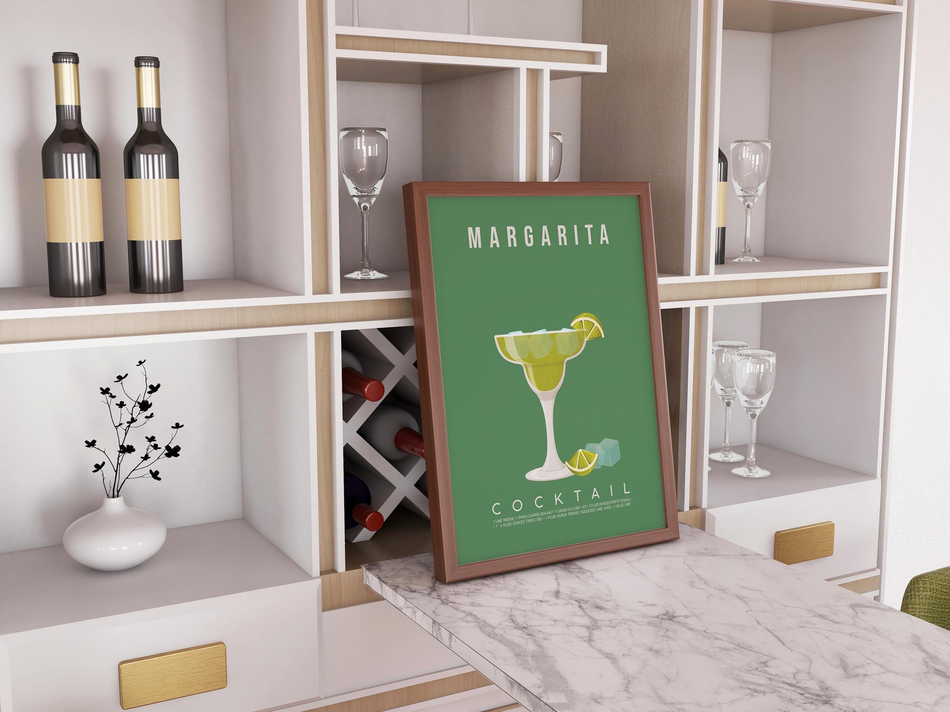 Margarita cocktail recipe print, minimalist printable wall art featuring the margarita ingredients of white tequila triple sec and lime wedge with a salted rim glass illustration, modern cocktail poster for kitchens home bars bar carts and dining rooms, instant digital download in multiple print ratios including A5 A4 A3 A2 and US sizes, perfect housewarming gift for cocktail lovers bartenders and tequila fans, designed in the UK by Hues and Reflections small business