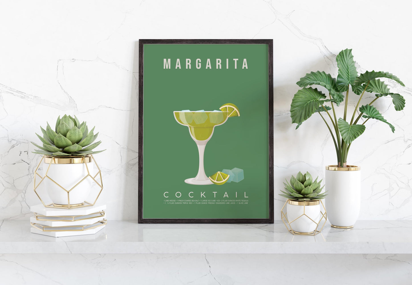 Margarita cocktail recipe print, minimalist printable wall art featuring the margarita ingredients of white tequila triple sec and lime wedge with a salted rim glass illustration, modern cocktail poster for kitchens home bars bar carts and dining rooms, instant digital download in multiple print ratios including A5 A4 A3 A2 and US sizes, perfect housewarming gift for cocktail lovers bartenders and tequila fans, designed in the UK by Hues and Reflections small business