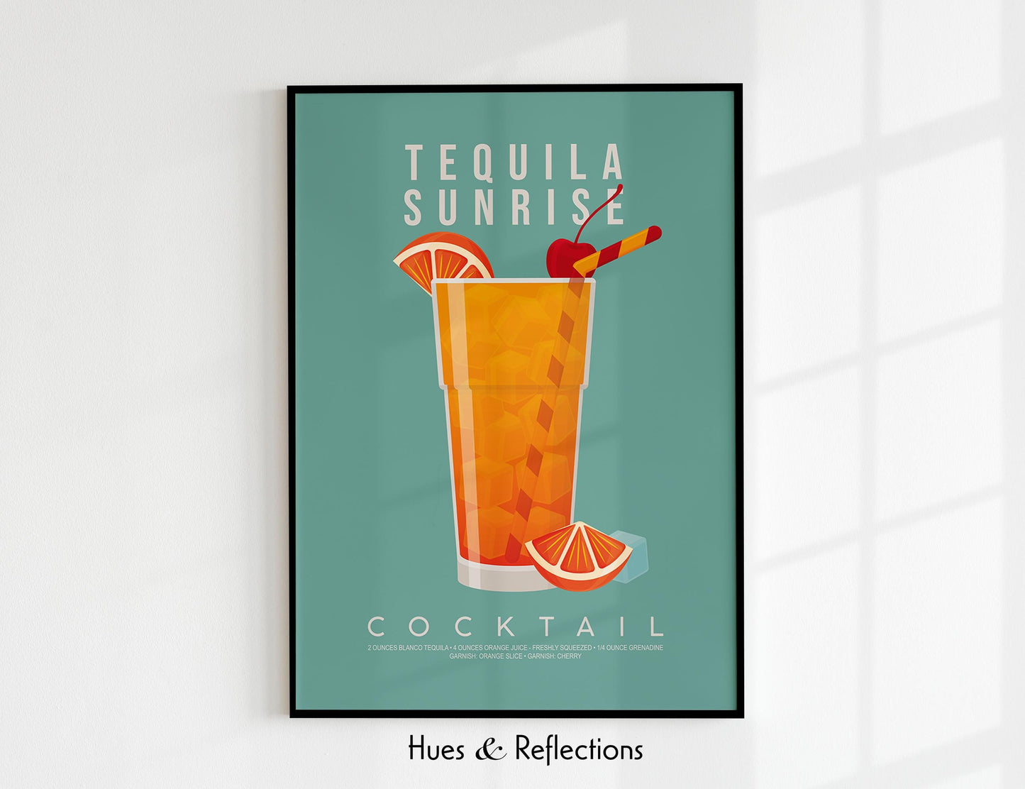 Margarita cocktail recipe print, minimalist printable wall art featuring the margarita ingredients of white tequila triple sec and lime wedge with a salted rim glass illustration, modern cocktail poster for kitchens home bars bar carts and dining rooms, instant digital download in multiple print ratios including A5 A4 A3 A2 and US sizes, perfect housewarming gift for cocktail lovers bartenders and tequila fans, designed in the UK by Hues and Reflections small business
