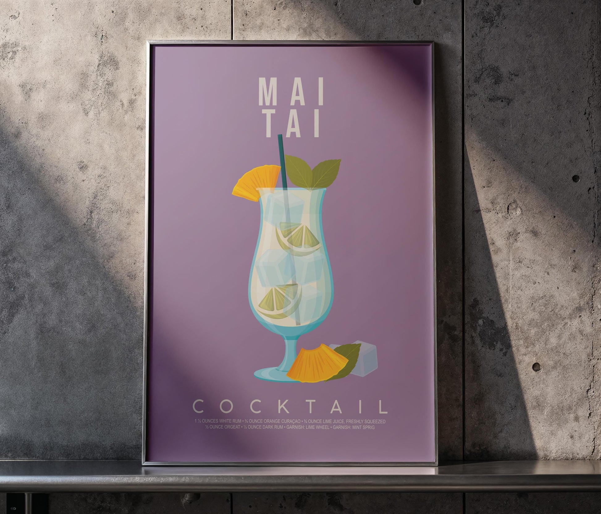 Mai Tai cocktail recipe print, tropical printable wall art featuring the classic tiki cocktail ingredients of white rum dark rum orange curaçao and orgeat with a pineapple wedge garnish on a soft purple background, modern cocktail poster for kitchens home tiki bars bar carts and summer entertaining spaces, instant digital download in multiple print ratios including A5 A4 A3 A2 and US sizes, perfect housewarming gift for rum lovers tiki fans and tropical aesthetic devotees.