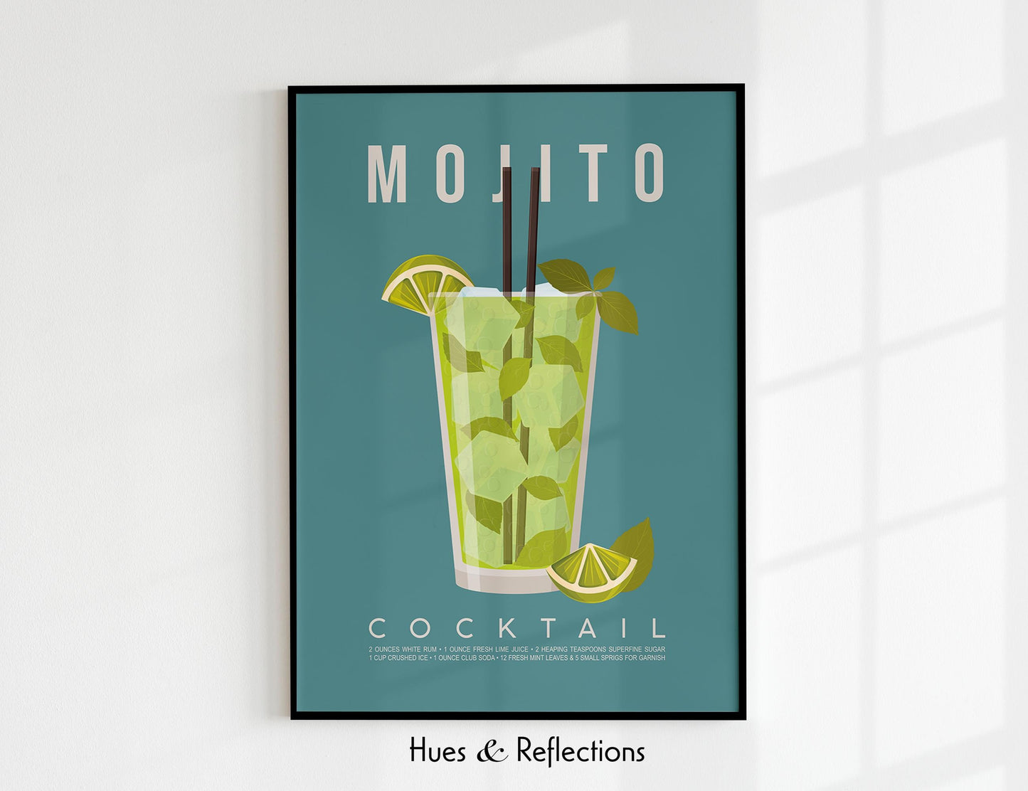 Mojito cocktail recipe print, refreshing printable wall art featuring the classic Cuban cocktail ingredients of white rum soda water fresh lime juice and muddled mint leaves with a tall glass illustration on a teal background, modern cocktail poster for kitchens home bars bar carts and summer entertaining spaces, instant digital download in multiple print ratios including A5 A4 A3 A2 and US sizes, perfect housewarming gift for rum lovers mojito fans and tropical aesthetic devotees