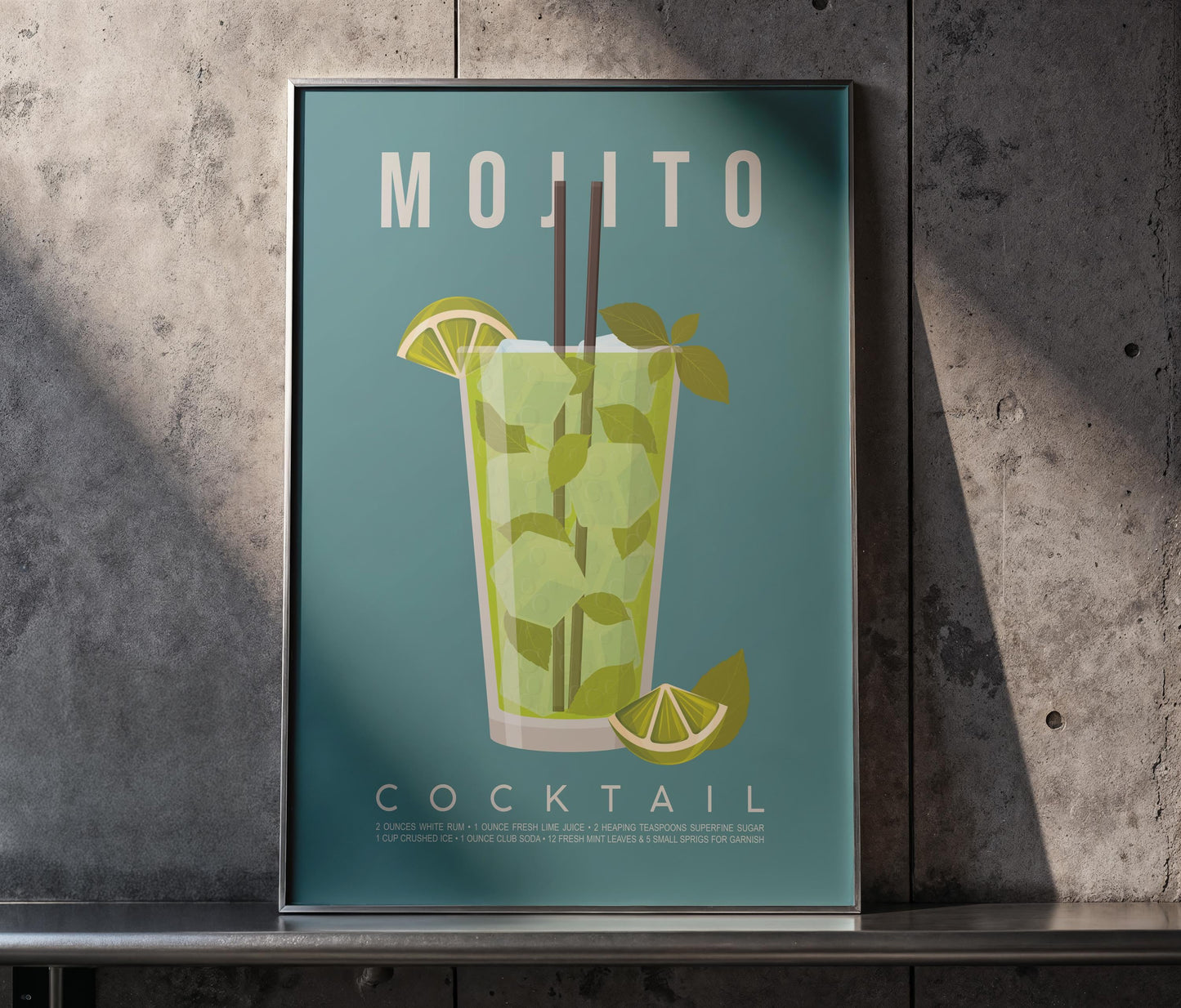 Mojito cocktail recipe print, refreshing printable wall art featuring the classic Cuban cocktail ingredients of white rum soda water fresh lime juice and muddled mint leaves with a tall glass illustration on a teal background, modern cocktail poster for kitchens home bars bar carts and summer entertaining spaces, instant digital download in multiple print ratios including A5 A4 A3 A2 and US sizes, perfect housewarming gift for rum lovers mojito fans and tropical aesthetic devotees