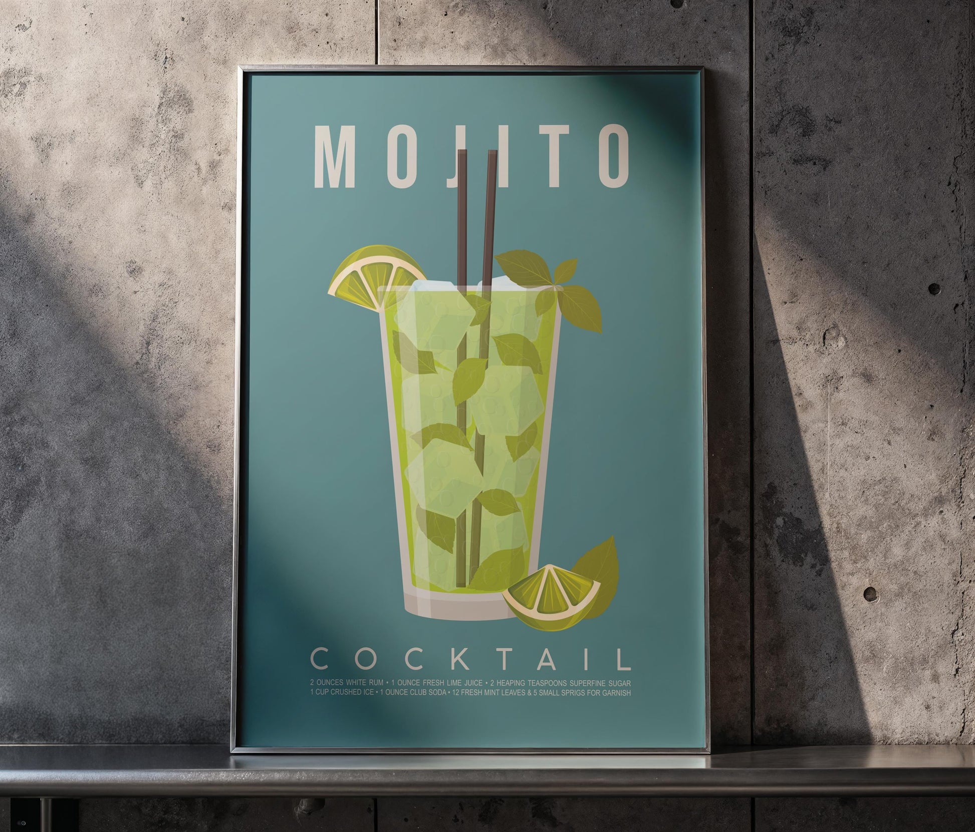Mojito cocktail recipe print, refreshing printable wall art featuring the classic Cuban cocktail ingredients of white rum soda water fresh lime juice and muddled mint leaves with a tall glass illustration on a teal background, modern cocktail poster for kitchens home bars bar carts and summer entertaining spaces, instant digital download in multiple print ratios including A5 A4 A3 A2 and US sizes, perfect housewarming gift for rum lovers mojito fans and tropical aesthetic devotees