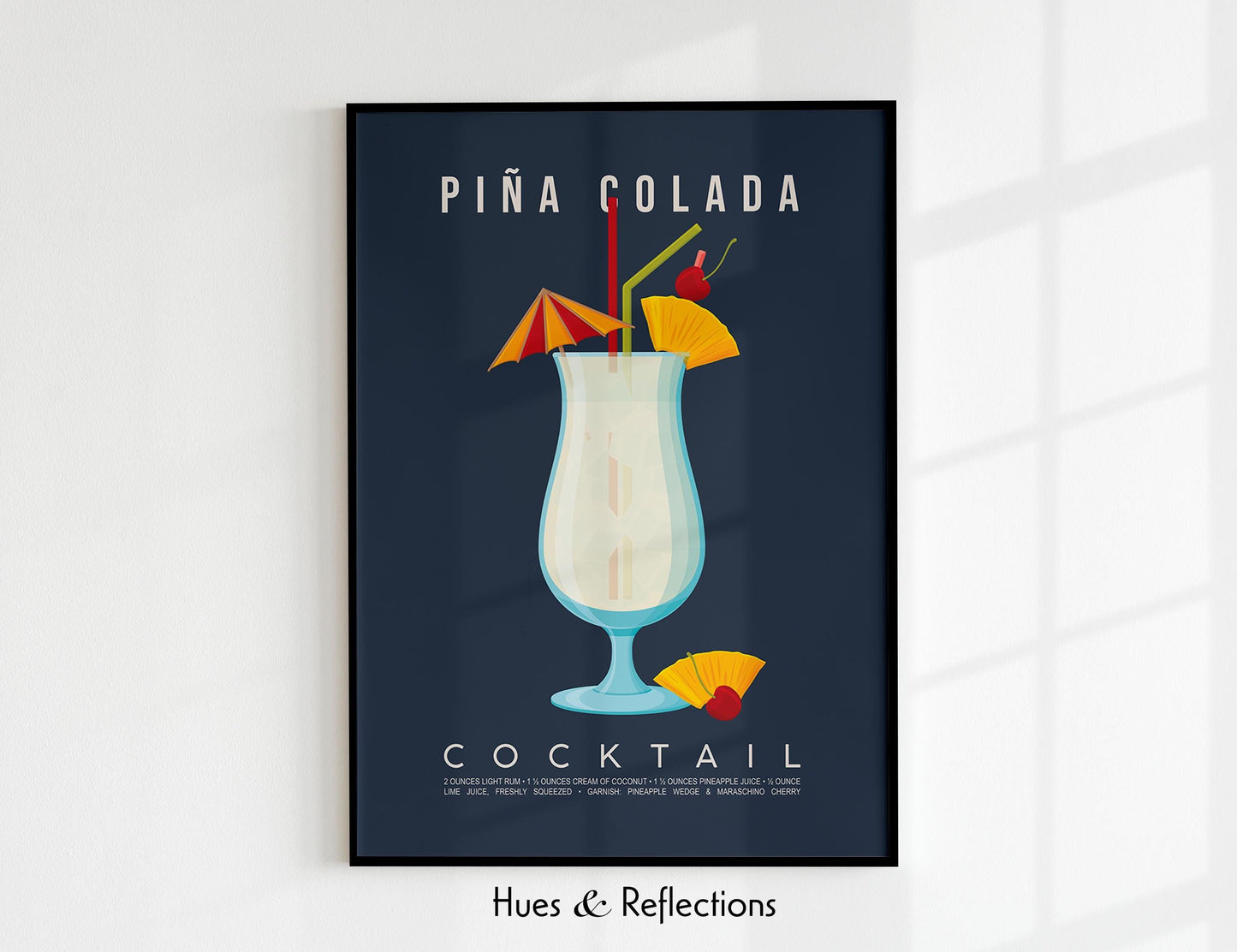 Pina Colada cocktail recipe print, tropical printable wall art featuring the classic Caribbean cocktail ingredients of white rum pineapple juice and coconut cream with a frozen cocktail glass illustration, modern cocktail poster for kitchens home bars bar carts and summer entertaining spaces, instant digital download in multiple print ratios including A5 A4 A3 A2 and US sizes, perfect housewarming gift for rum lovers Caribbean cocktail fans and beach aesthetic devotees