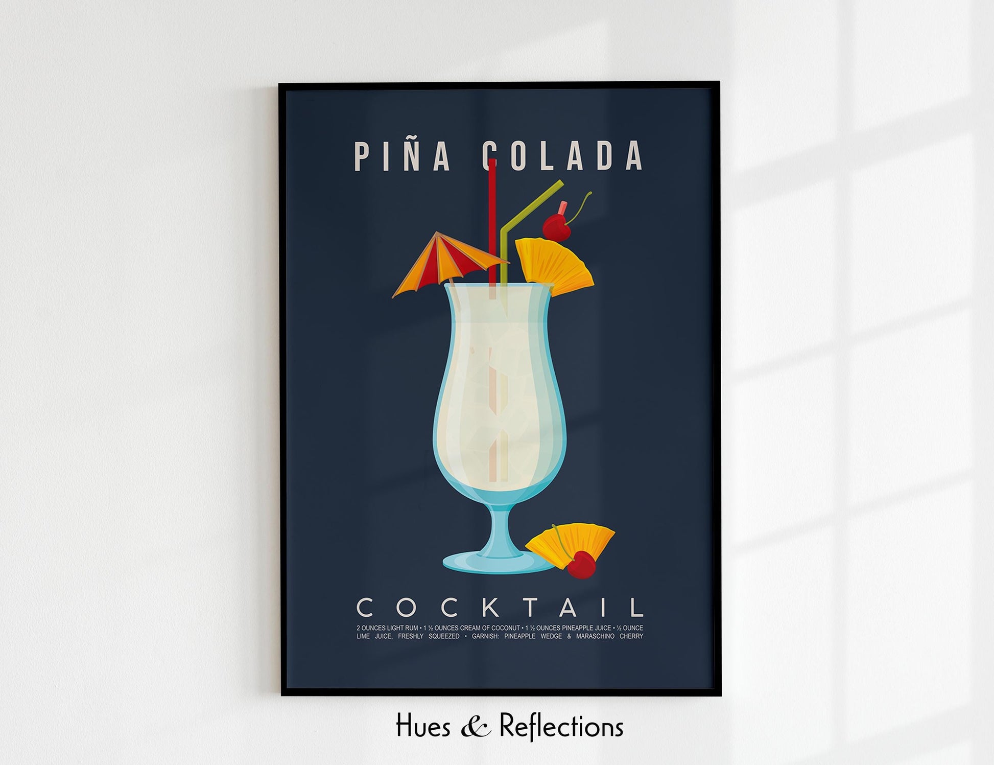 Pina Colada cocktail recipe print, tropical printable wall art featuring the classic Caribbean cocktail ingredients of white rum pineapple juice and coconut cream with a frozen cocktail glass illustration, modern cocktail poster for kitchens home bars bar carts and summer entertaining spaces, instant digital download in multiple print ratios including A5 A4 A3 A2 and US sizes, perfect housewarming gift for rum lovers Caribbean cocktail fans and beach aesthetic devotees