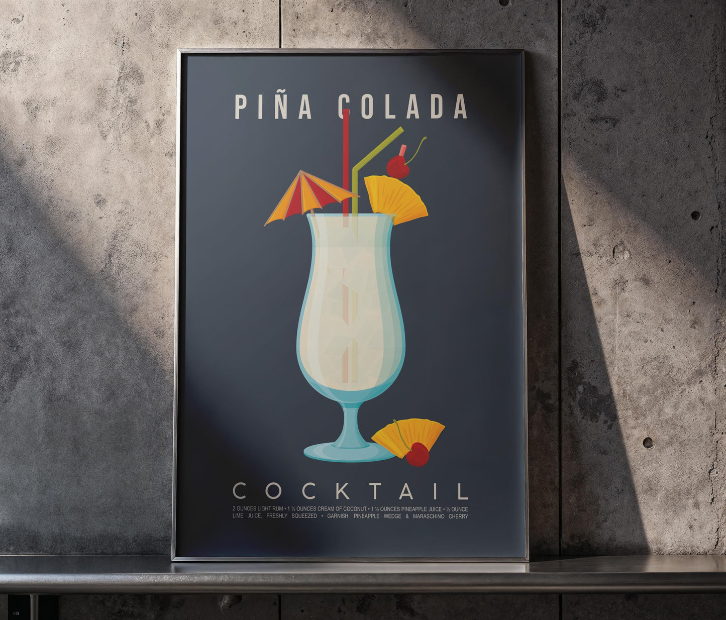 Pina Colada cocktail recipe print, tropical printable wall art featuring the classic Caribbean cocktail ingredients of white rum pineapple juice and coconut cream with a frozen cocktail glass illustration, modern cocktail poster for kitchens home bars bar carts and summer entertaining spaces, instant digital download in multiple print ratios including A5 A4 A3 A2 and US sizes, perfect housewarming gift for rum lovers Caribbean cocktail fans and beach aesthetic devotees