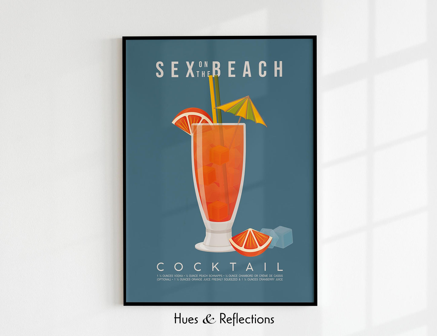 Sex on the Beach cocktail recipe print, cheeky printable wall art featuring the classic 90s cocktail ingredients of vodka peach schnapps orange juice and cranberry juice with a tall glass illustration in pink and orange sunset tones, modern cocktail poster for kitchens home bars bar carts and hen party spaces, instant digital download in multiple print ratios including A5 A4 A3 A2 and US sizes, perfect bachelorette and girls night gift for vodka lovers and cocktail fans