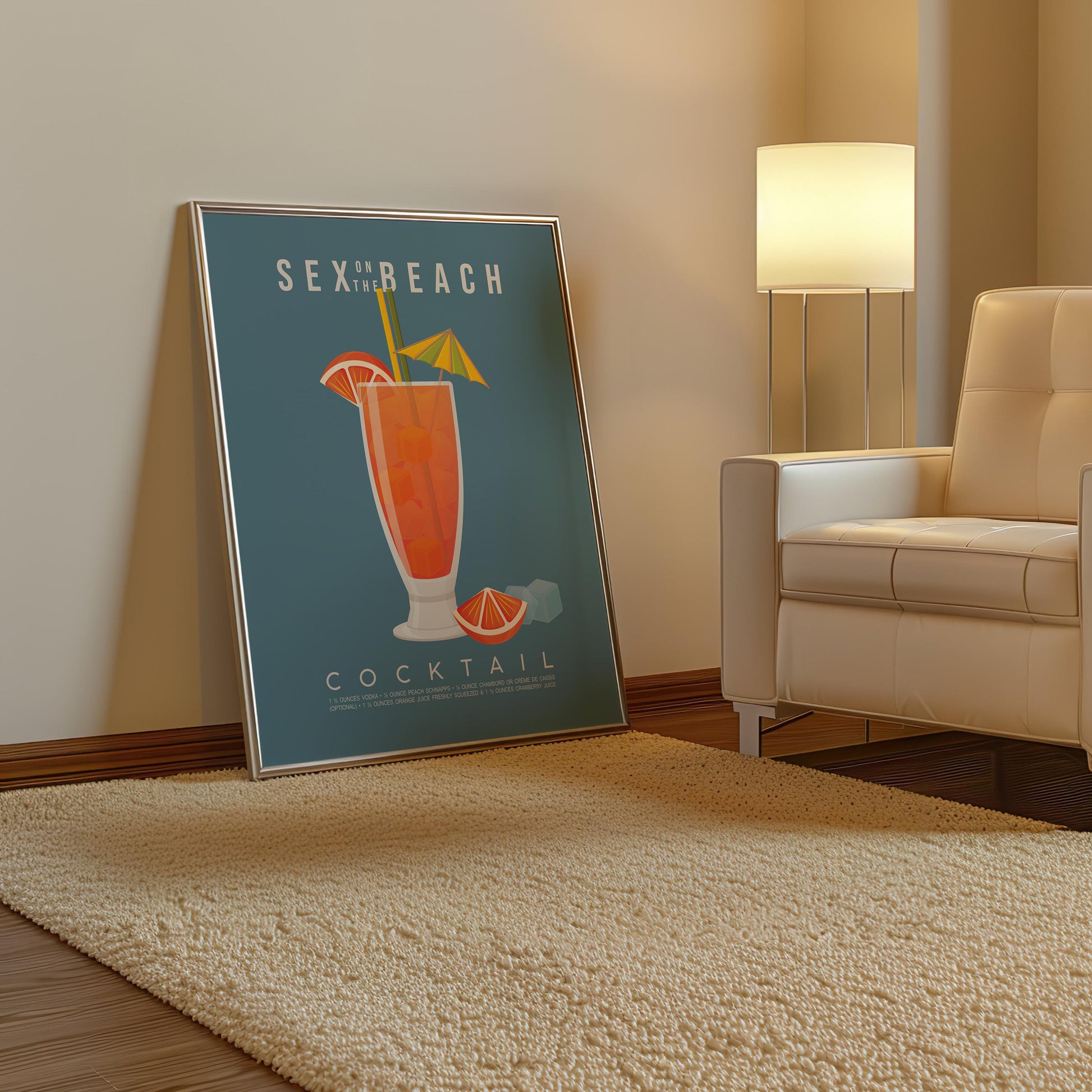 Sex on the Beach cocktail recipe print, cheeky printable wall art featuring the classic 90s cocktail ingredients of vodka peach schnapps orange juice and cranberry juice with a tall glass illustration in pink and orange sunset tones, modern cocktail poster for kitchens home bars bar carts and hen party spaces, instant digital download in multiple print ratios including A5 A4 A3 A2 and US sizes, perfect bachelorette and girls night gift for vodka lovers and cocktail fans