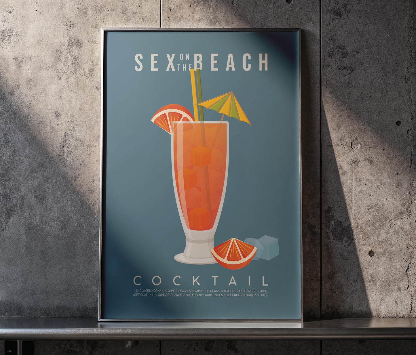 Sex on the Beach cocktail recipe print, cheeky printable wall art featuring the classic 90s cocktail ingredients of vodka peach schnapps orange juice and cranberry juice with a tall glass illustration in pink and orange sunset tones, modern cocktail poster for kitchens home bars bar carts and hen party spaces, instant digital download in multiple print ratios including A5 A4 A3 A2 and US sizes, perfect bachelorette and girls night gift for vodka lovers and cocktail fans
