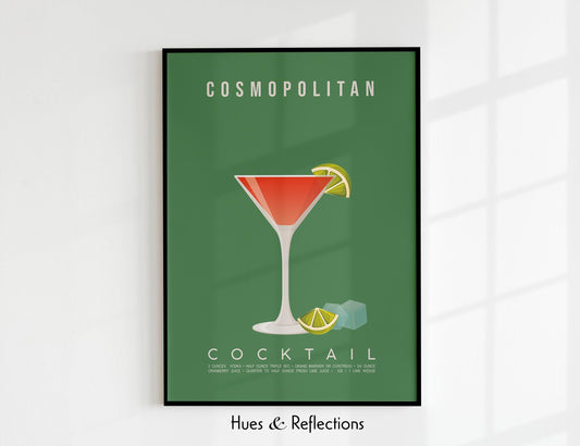 Cosmopolitan cocktail recipe print, glamorous printable wall art featuring the iconic pink cocktail ingredients of vodka triple sec cranberry juice and fresh lime with a martini glass illustration, modern cocktail poster for kitchens home bars bar carts and girls night spaces, instant digital download in multiple print ratios including A5 A4 A3 A2 and US sizes, perfect bachelorette and Sex and the City fan gift for cocktail lovers and pink aesthetic devotees
