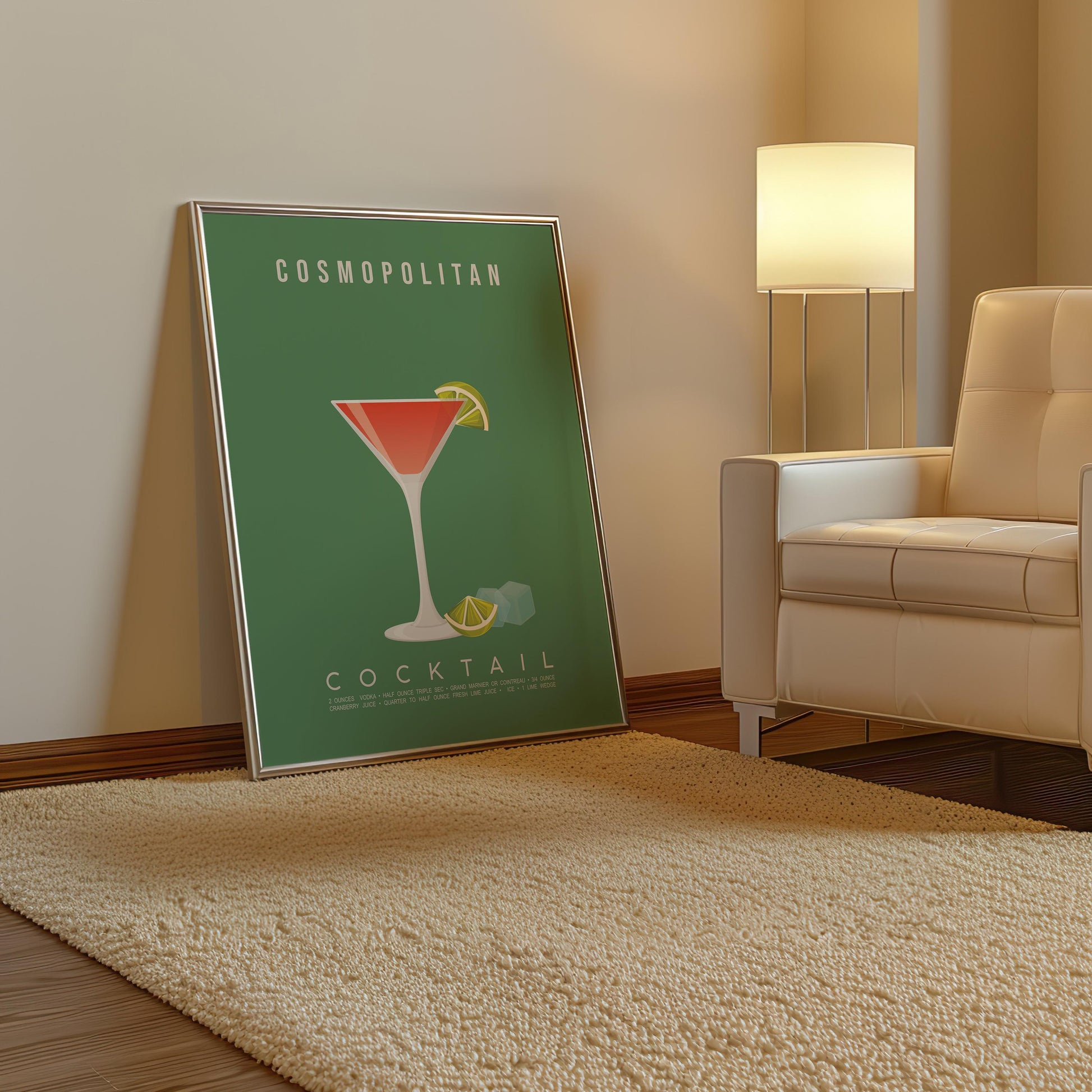Cosmopolitan cocktail recipe print, glamorous printable wall art featuring the iconic pink cocktail ingredients of vodka triple sec cranberry juice and fresh lime with a martini glass illustration, modern cocktail poster for kitchens home bars bar carts and girls night spaces, instant digital download in multiple print ratios including A5 A4 A3 A2 and US sizes, perfect bachelorette and Sex and the City fan gift for cocktail lovers and pink aesthetic devotees