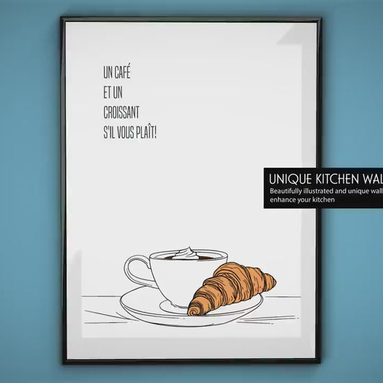 Un Cafe et Croissant, Kitchen wall decor, Coffee print, Prints for Kitchen, Minimalist art, Gift for coffee lovers, Dinning room wall frame