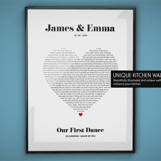 Personalised Heart Shape Song Lyrics Print, Anniversary photo song gift idea, First wedding anniversary gift for her, First dance song photo